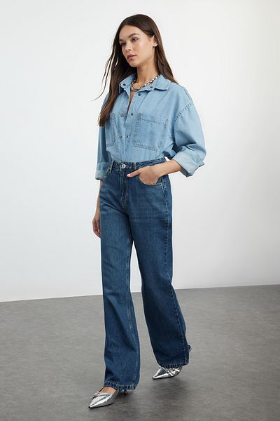 Trendyol Collection Magas derekú sötétkék széles lábú farmernadrág - TWOAW25JE00091