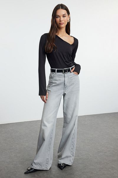 Trendyol Collection Ασύμμετρος γιακάς Μαύρη Stretch Πλεκτή Μπλούζα - Μαλακό Ύφασμα, Εφαρμογή σώματος TWOAW25BZ00122
