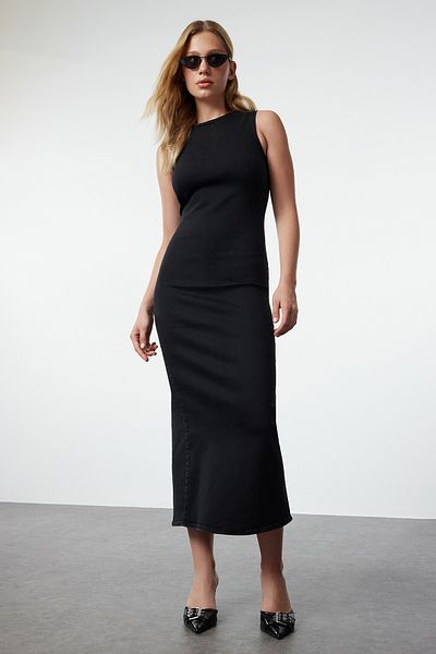 Trendyol Collection Maxi džínové šaty - Černý rozpark, TWOAW25EL00152