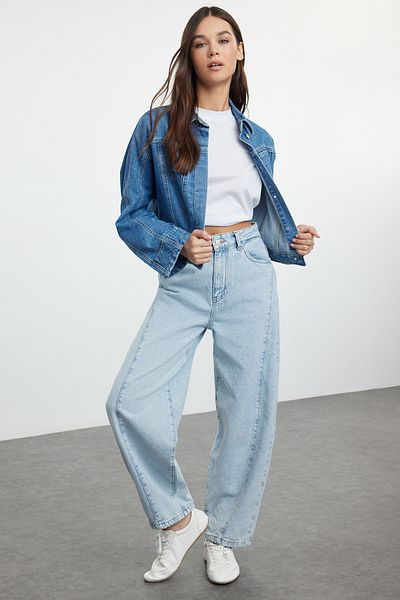 Trendyol Collection Blugi largi albaștri cu talie înaltă - portofel cu barrel cu cusături TWOAW25JE00040