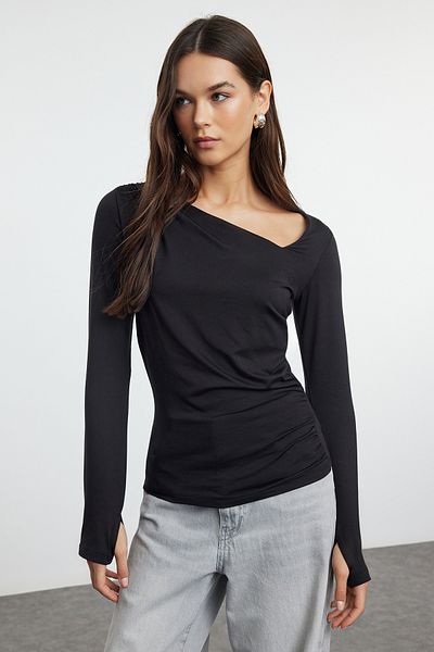 Trendyol Collection Ασύμμετρος γιακάς Μαύρη Stretch Πλεκτή Μπλούζα - Μαλακό Ύφασμα, Εφαρμογή σώματος TWOAW25BZ00122