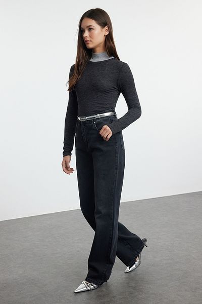 Trendyol Collection Jeansy z wysokim stanem i szerokimi nogawkami w kolorze czarnym - TWOAW25JE00179