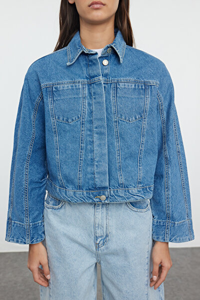 Trendyol Collection Jachetă de blugi albastră cu cusături - TWOAW25CE00016