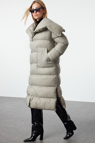 Trendyol Collection Gray Belted Oversize Puffer Jacket - Water Repellent, Wide Collar TWOAW25MO00057