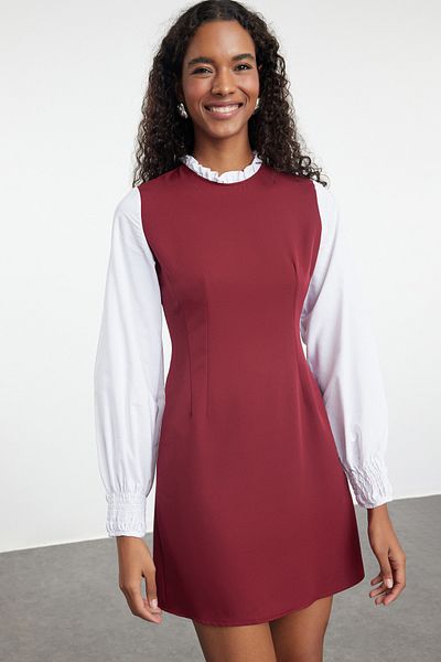 Trendyol Collection Rochie mini țesătă detaliată cămașă în linie A burgundă TWOAW24EL00587
