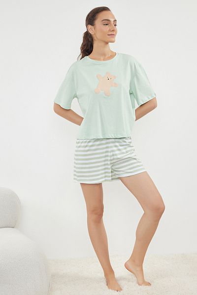 Trendyol Collection Menta kötött pizsama szett mackóval - 100% pamut THMSS24PT00039