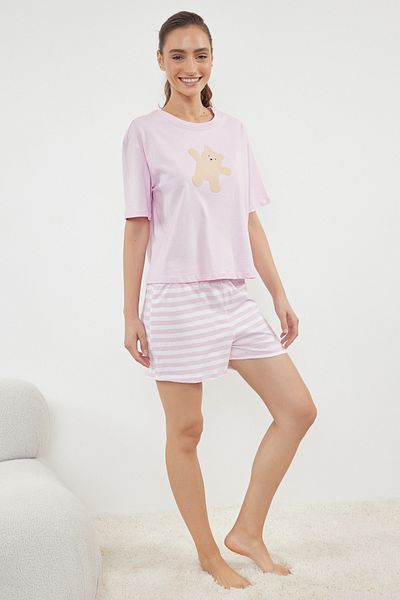 Trendyol Collection Ροζ 100% βαμβακερό αρκουδάκι πλεκτό σετ πιτζάμες THMSS24PT00039