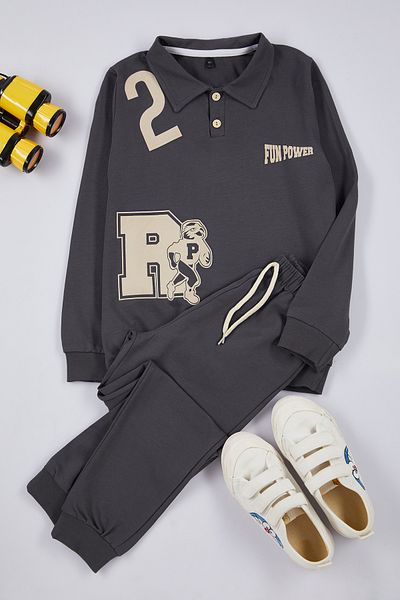 TRENDYOLKIDS Cotton Anthracite Slogan Set - Lower-Upper Set Tkdaw25Au00004