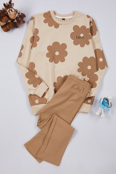 TRENDYOLKIDS Cotton Knitted Brown Slogan Set - Lower-Upper Set Tkdaw25Au00005