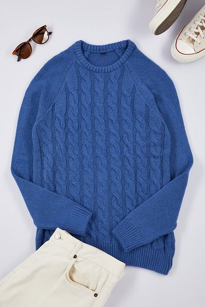Trendyol Collection Pulover tricotat slim fit cu detaliu tricot de păr Indigo unisex - Gât crew TMNAW25KZ00012