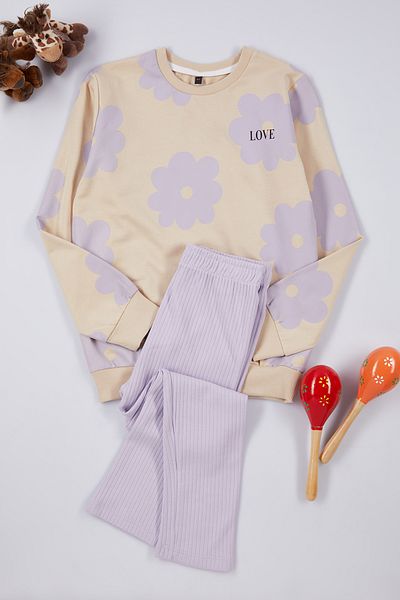 TRENDYOLKIDS Cotton Lilac Slogan Set - Lower and Upper Set Tkdaw25Au00005