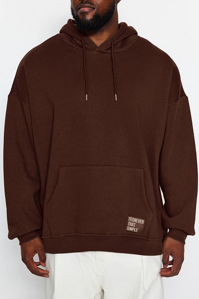Trendyol Collection Φούτερ Fleece με κουκούλα μεγάλου μεγέθους - Καφέ με ετικέτες TMNAW24AO00000