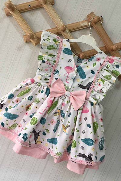 Bertuğ Bebek Ruffle Detailed Flamingo Patterned Sleeveless Baby Girl Dress