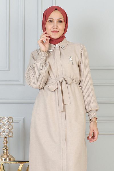Modamihram Beige Ferace 19208 - with Stone DeTail and Zipper