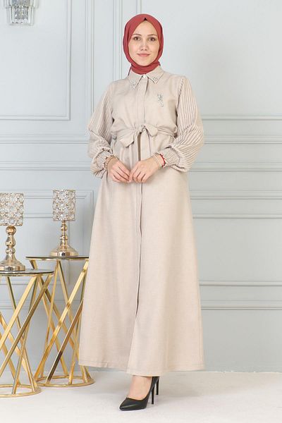 Modamihram Beige Ferace 19208 - with Stone DeTail and Zipper
