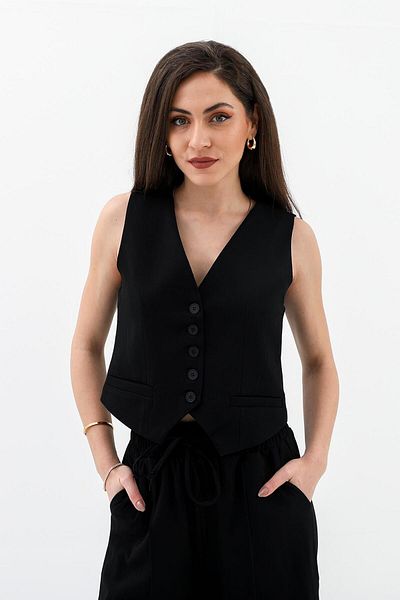 VAPUR TEKSTİL Polyviscon Vest - Buttoned with Pockets and Collet, Black