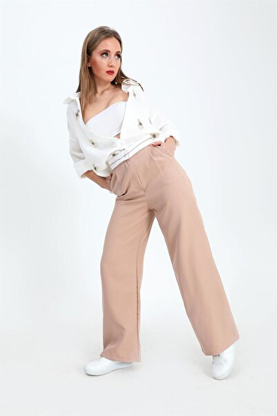 VAPUR TEKSTİL Trousers Palazzo Garni Belted Atlas Fabric - Beige