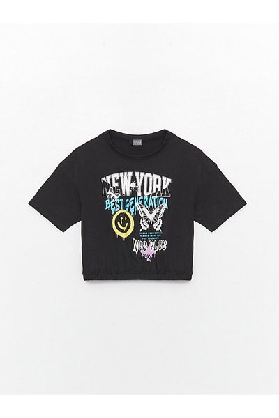 LC Waikiki Crew Neck Crop T-Shirt για κορίτσια - εμπριμέ, κοντομάνικο