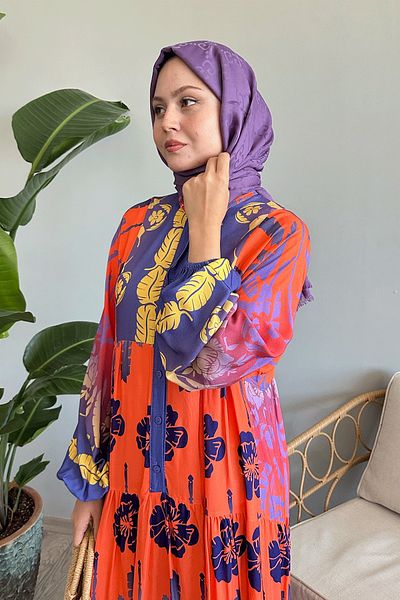 InStyle Salmon Colored Palm Pattern Viscose Dress