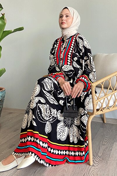 InStyle Renkli Karışık Salaş Siyah Viskon Elbise