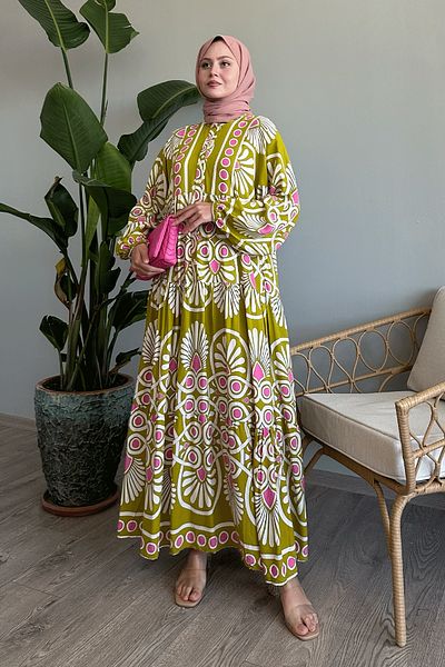 InStyle Oil Green Viscose Polka Dot Dress