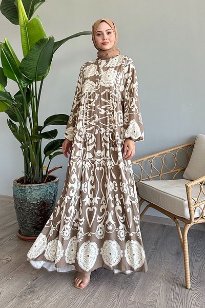 InStyle Beige Viscose Dress - Casual Floral Pattern and Buttoned