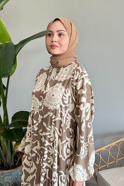 InStyle Beige Viscose Dress - Casual Floral Pattern and Buttoned