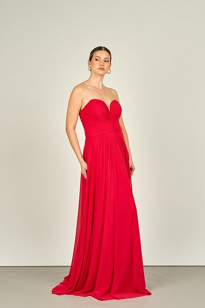 ŞEREF VURAL Red Strapless Long Women's Evening Dress -5437021