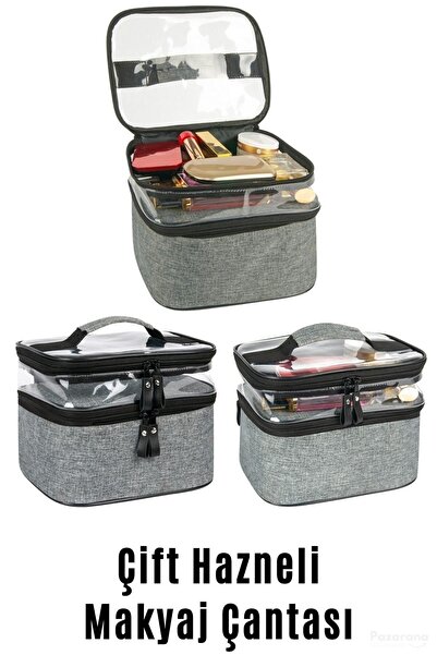 Ankaflex Makyaj Çantası Çift Bölmeli Makyaj Çantası Şeffaf Makyaj Çantası Şeffaf Bölmeli Makyaj Çantası