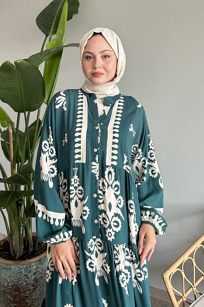InStyle Smaragdově zelené viskózové šaty s etnickým motivem