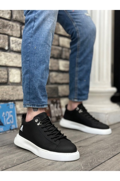 BOA BA0331 Bağcıklı Erkek Yüksek Taban Cilt Siyah Beyaz Taban Spor Ayakkabı