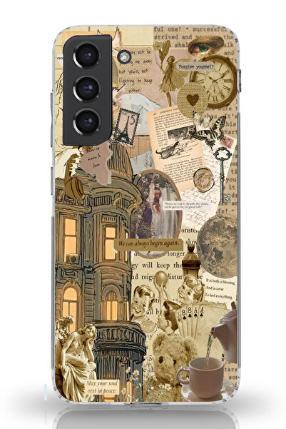 moonset Samsung Galaxy S21 FE Uyumlu Vintage Kolaj Tasarımlı Baskılı Şeffaf T...