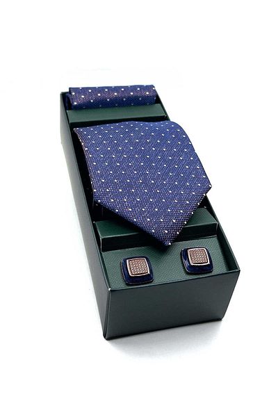 Kravatkolik Tie Os579 - Brown Cufflink Gift Set with Dark Blue Handkerchief