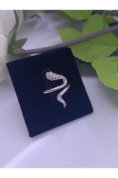 AKSESUARIM خاتم فضي اللون قابل للتعديل بحجر الزركون على شكل ثعبان