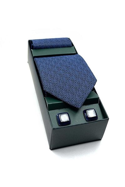 Kravatkolik Navy Blue Handkerchief Tie and Bone Sleeve Gift Set - Os572