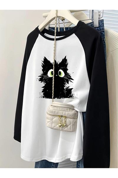Touz Moda Λευκό Vintage Raglan T-Shirt - Μακρυμάνικο, Μαύρη Γάτα με στάμπα