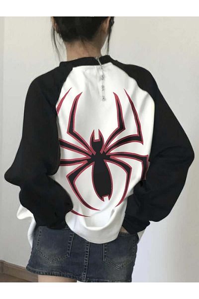 Touz Moda Bílé VinTage Raglánové tričko s dlouhým rukávem s potiskem Spider
