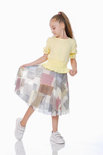 Kamex Yellow Girl's Set - with Muslin Blouse and Tulle Chiffon Skirt