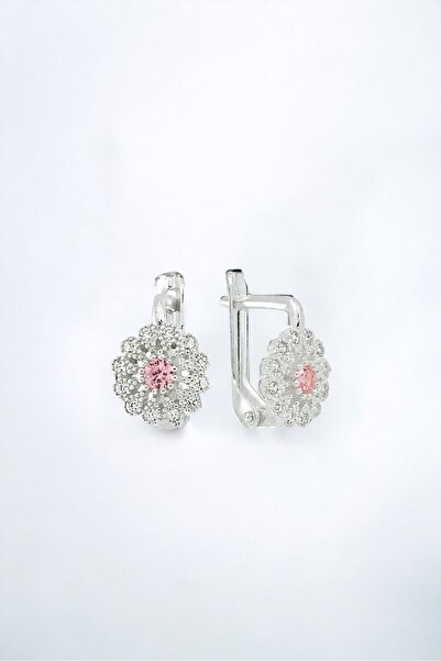 jelux silver Gümüş 925 Ayar Çiçek Tasarımlı Pembe Zirkon Taşlı Çocuk Küpe