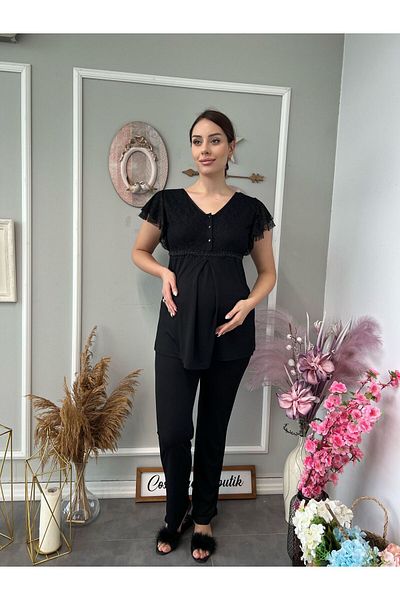 Cossy By Aqua Black Pearl Detailed Maternity Maternity Pajamas Set