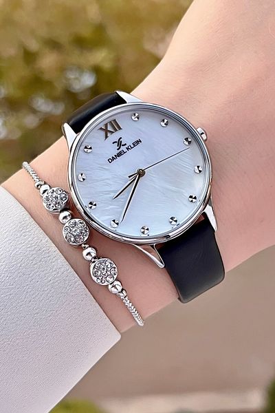 Daniel Klein Women's Watch and Bracelet with Gray Cord Black Color Adjustable Women's Watch and Bracelet Dkgnct1324