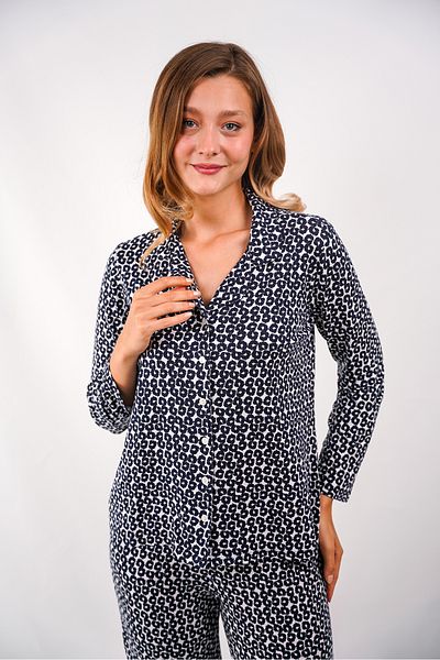 Butik Set pijamale pentru femei cu textura moale si model de inel alb-negru