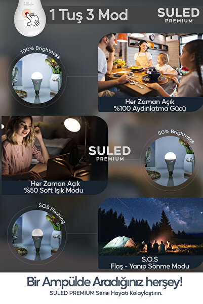 SULED Şarjlı Ampül 20W Beyaz Işık Tavan Kamp Işığı Acil Durum El Feneri Type-C 220V Şarjlı Beyaz E27 Duy