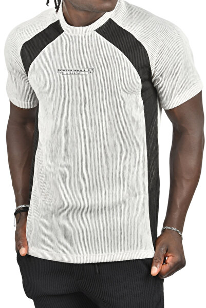 DeepSEA Γκρι ανδρικό μπλουζάκι με ραβδώσεις Lycra - Γραπτό, ριγέ, λεπτή εφαρμογή 2403231