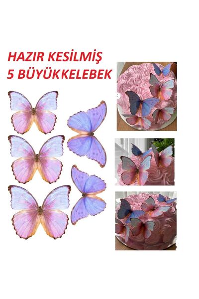 hediyehobihersey Hazır Kesilmiş Büyük Kelebekler Şekerli Kağıda Baskı Yenileb...