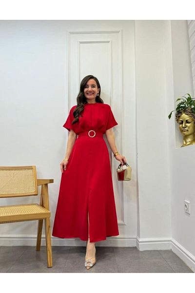MAMMY Red Chest Pleated Slit Dress 3098