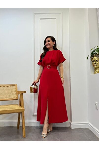 MAMMY KIRMIZI Göğüs Pileli Yırtmaçlı Elbise 3098