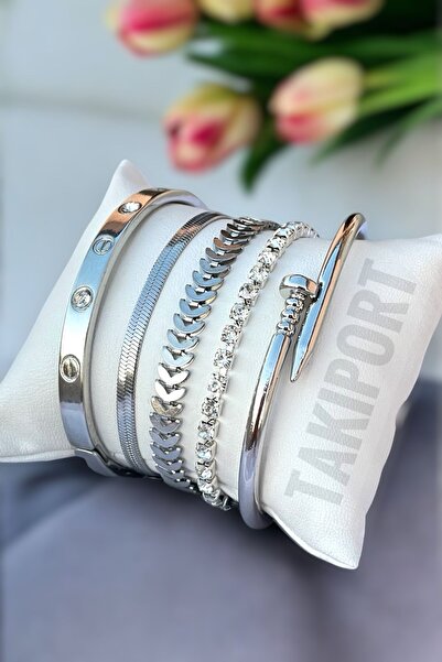 TAKIPORT Renk Atmaz Özel Gümüş Kaplma 5’li Zirkon Taş & Italyan Zincir Detay Kadın Bileklik Kombini