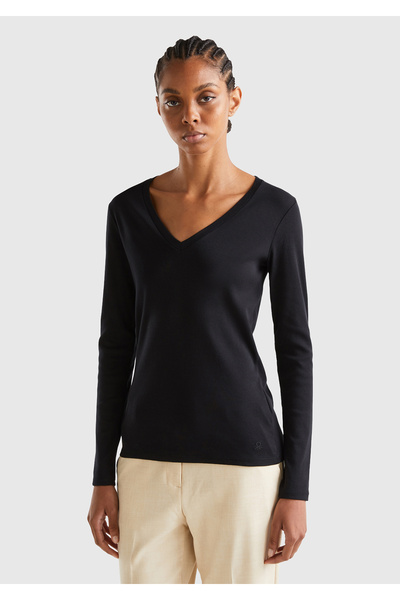 United Colors of Benetton Tricou negru cu mânecă lungă cu decolteu în V pentr...