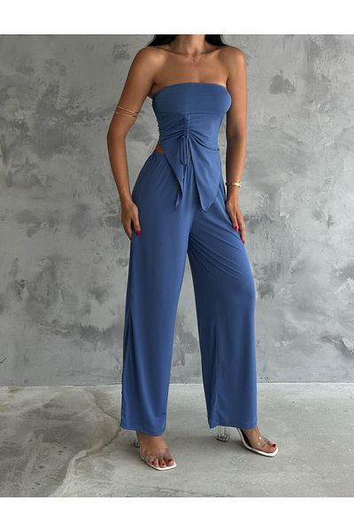 badibadii Women's Indigo Set - Gathered Blouse and Loose Trousers